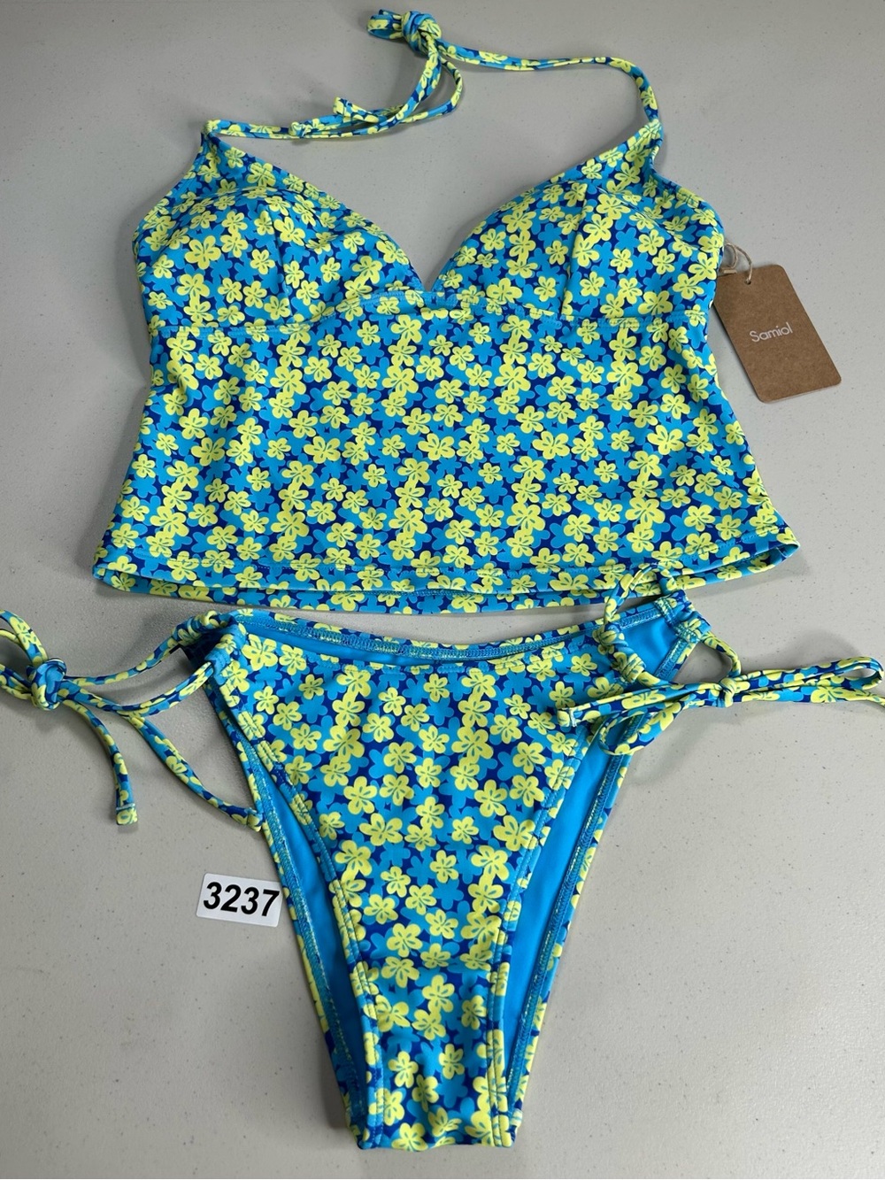Samiol Tankini Bikini Set Blue Green Floral Contrast Small Swimwear New